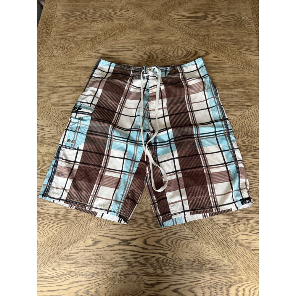 Reef Mens Plaid Board Shorts Brown Blue White Cargo Pocket Swim Trunks Size 34